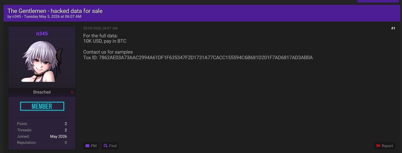 PwnForums sale post — "The Gentlemen - hacked data for sale" by n345, $10K USD