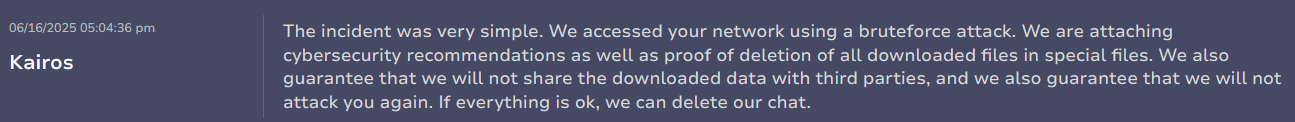 Kairos post-payment message claiming brute-force credential attack