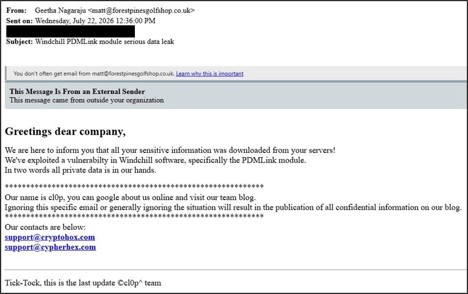 A further extortion email to the same recipients, reinforcing the breach claim and the attribution to PTC Windchill