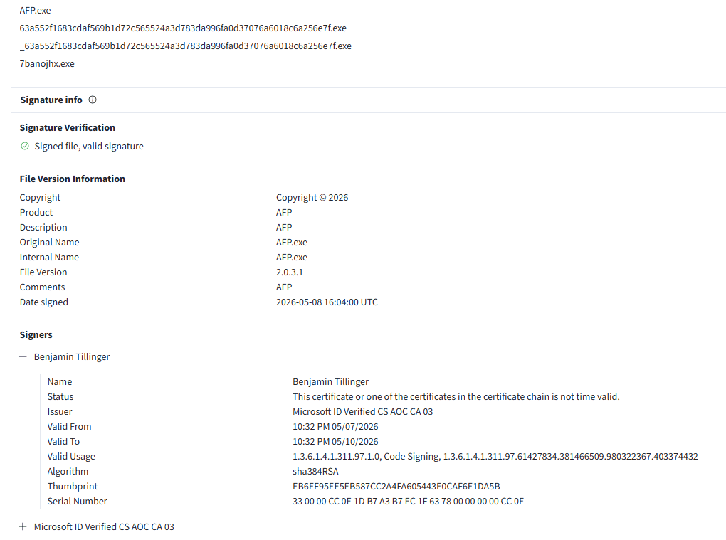 Microsoft Trusted Signing certificate issued to the individual identity Benjamin Tillinger, timestamped 2026-05-08