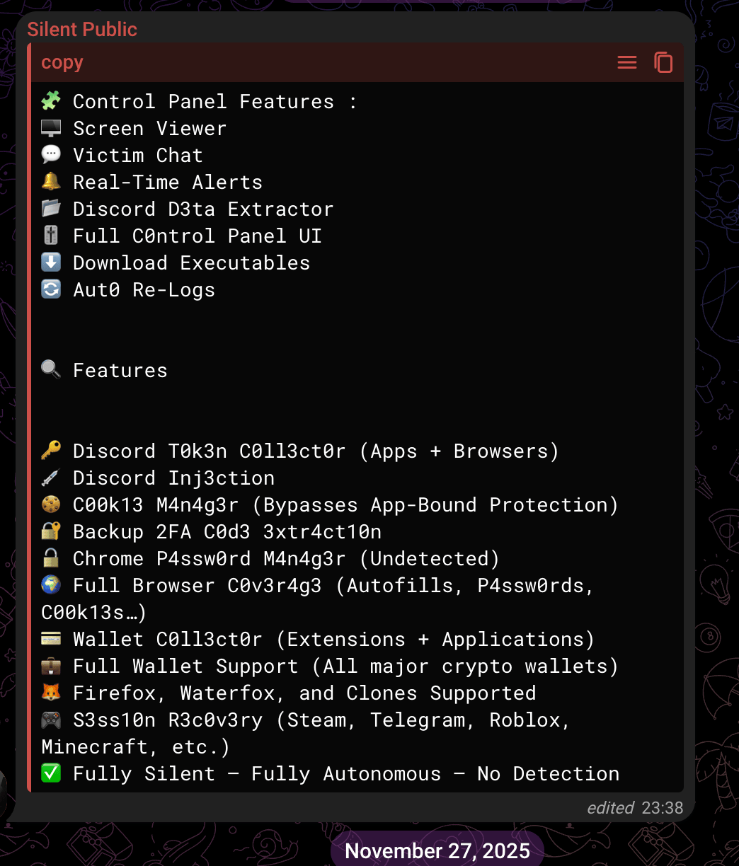 Advertised feature set of the Silent stealer/RAT