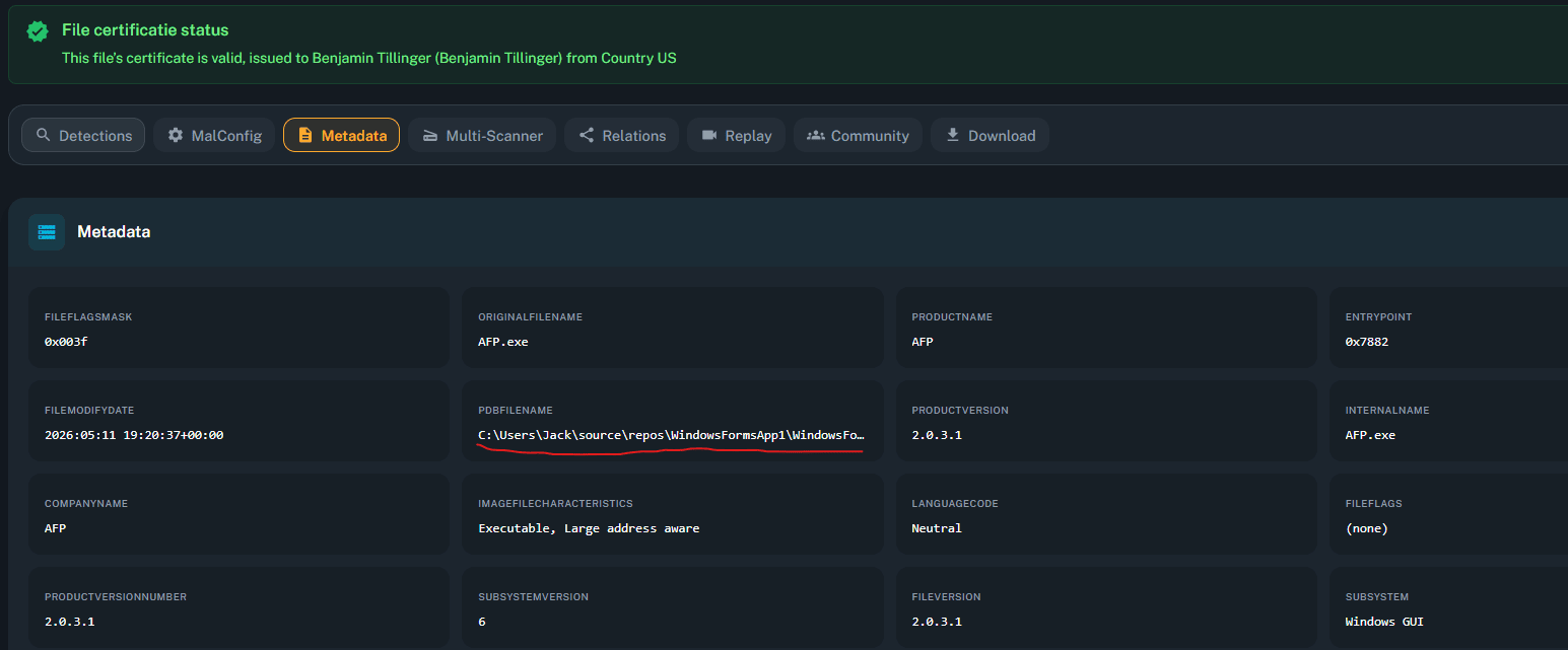 AFP.exe stealer — Microsoft Trusted Signing signature details