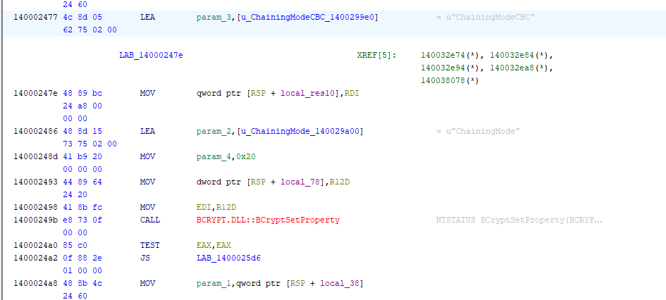 Disassembly evidence for AES provider setup, CBC mode selection, key generation, and ciphertext decryption