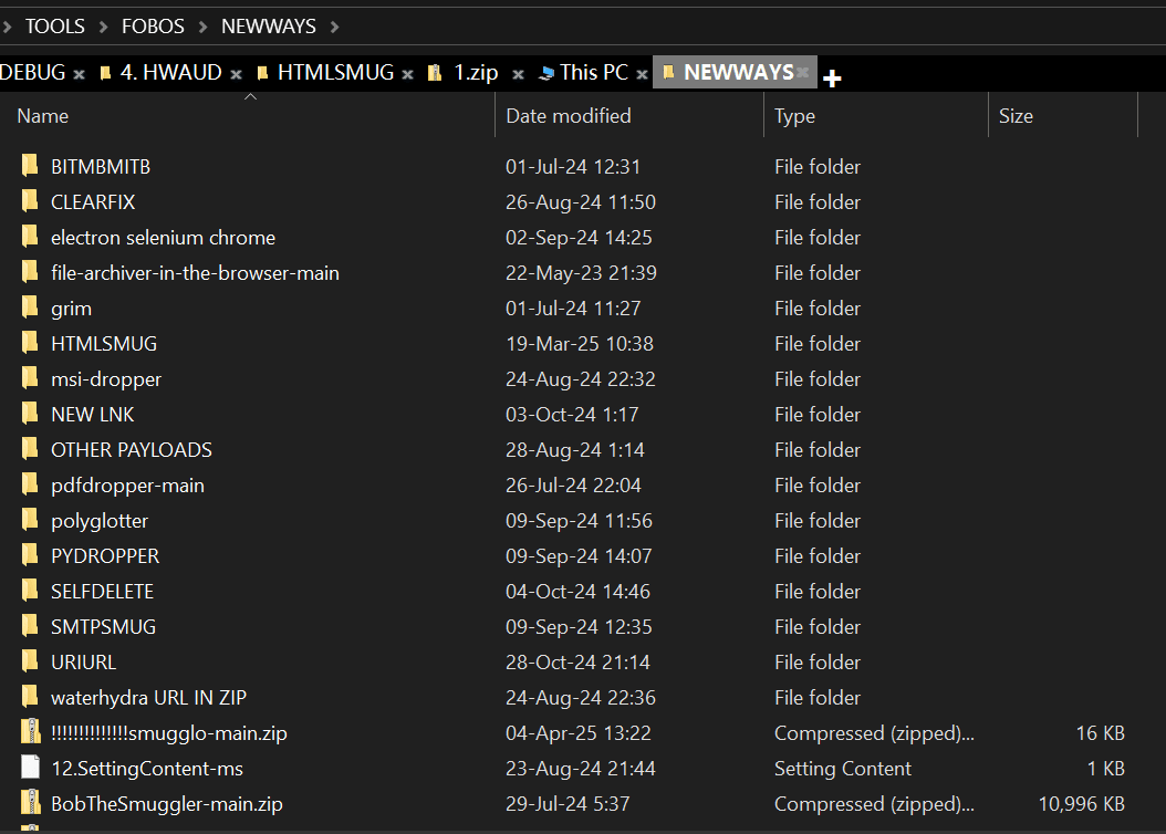 FOBOS NEWWAYS folder — full delivery method arsenal (timestamps May 2023 – April 2025)