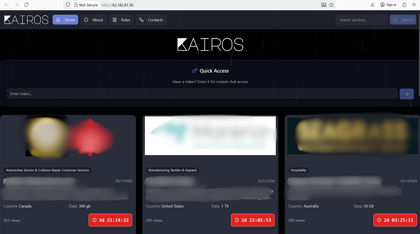 Clear-net backend exposure for the Kairos data-leak site