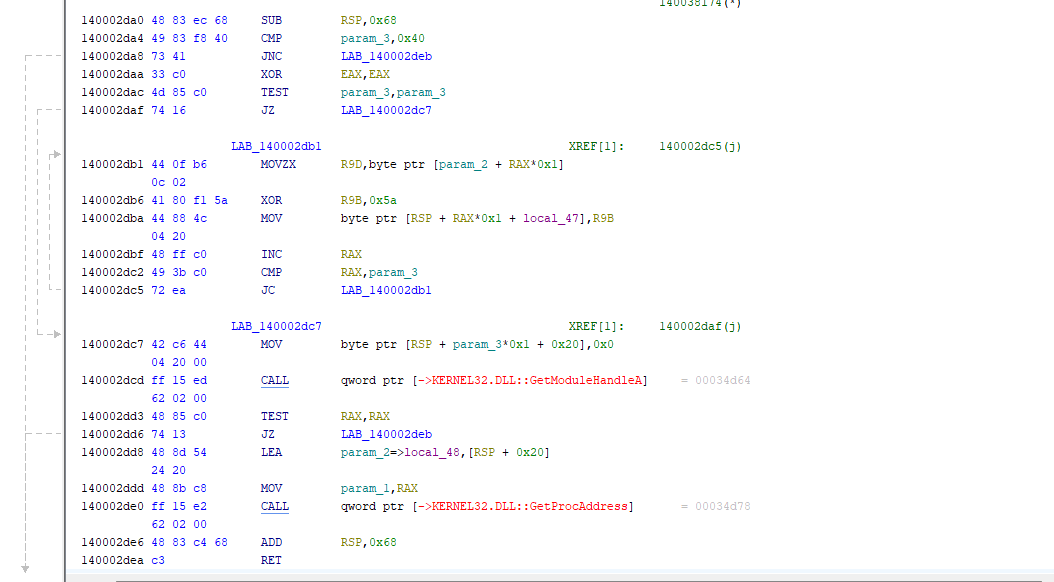XOR-0x5A encoded function-name table used by the Stage 2 resolver
