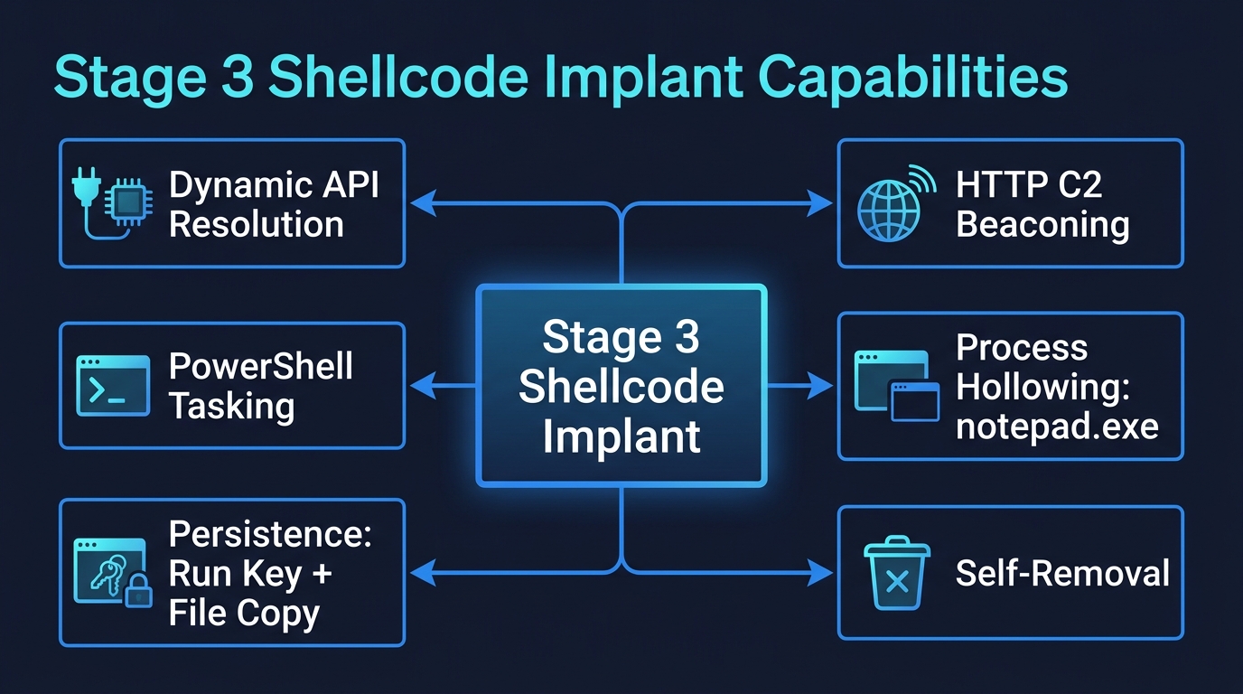 Stage 3 shellcode implant capabilities