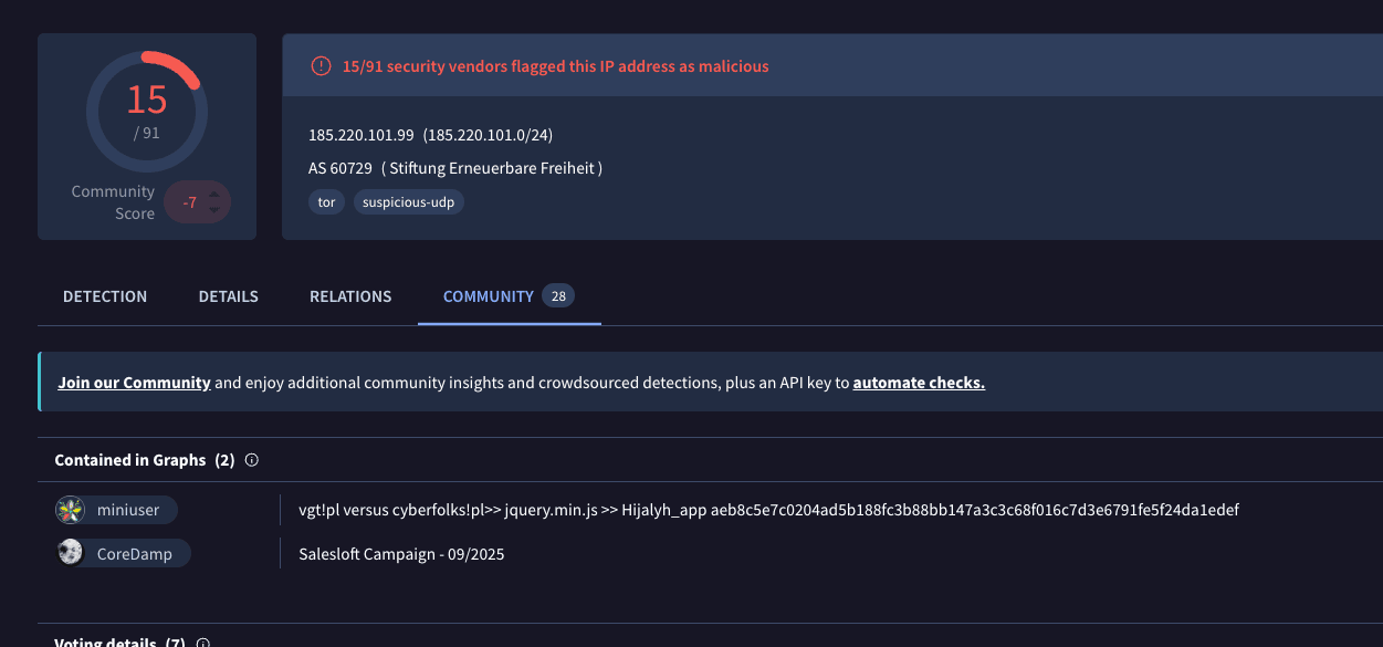 VirusTotal enrichment for 185.220.101.99 indicating TOR exit-node infrastructure