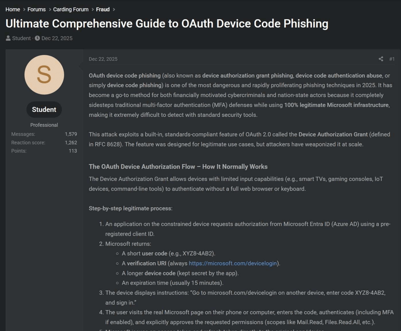 OAuth device-code phishing flow diagram showing attacker initiation, victim approval, and token return