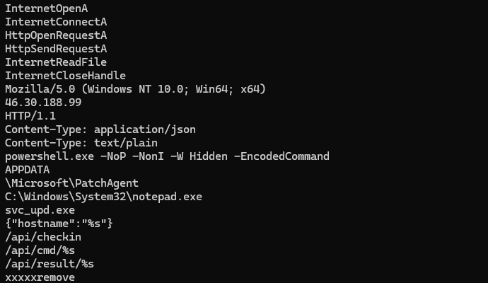 Shellcode string evidence showing the hardcoded C2 configuration and HTTP protocol artefacts used by the Stage 3 implant