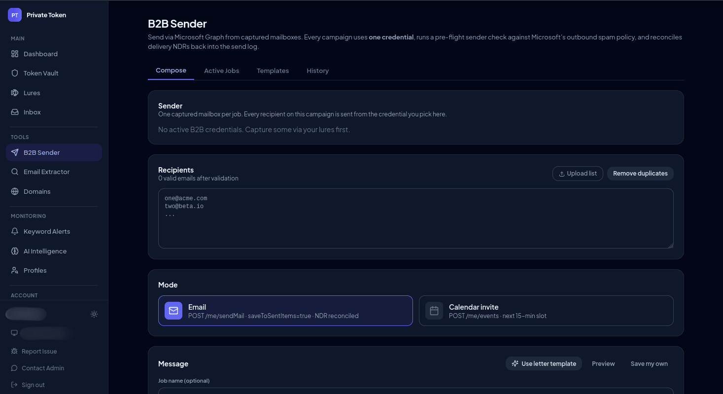 B2B Sender delivery mode shown in the Kali365 web panel