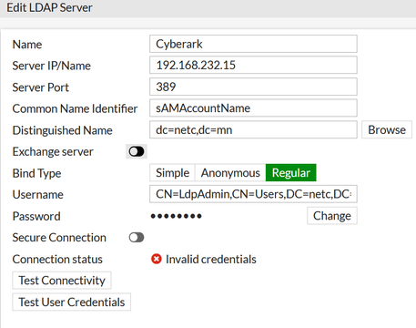 FortiGate LDAP configuration pointing to a CyberArk-managed directory environment