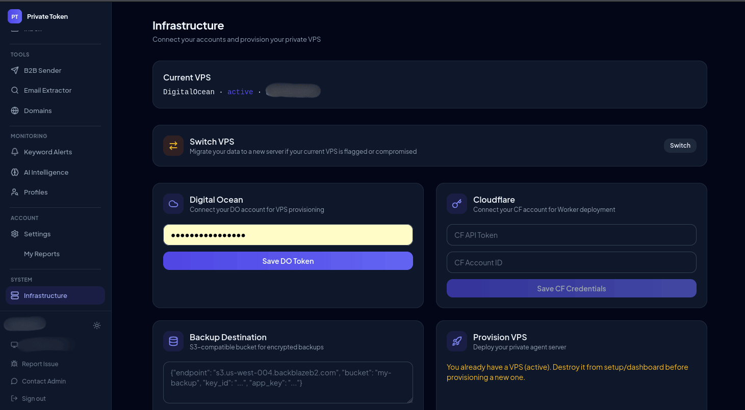 Infrastructure configuration view in the Kali365 web panel