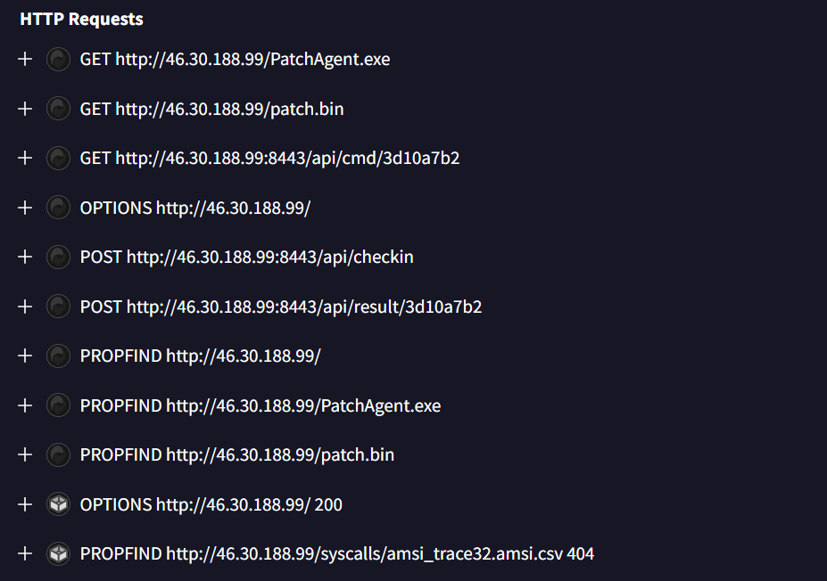 VirusTotal community evidence for run_obfuscated.bat, showing a fetch script that retrieves multiple campaign-related files