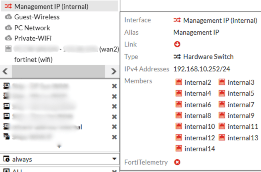 FortiGate interfaces page for a victim network