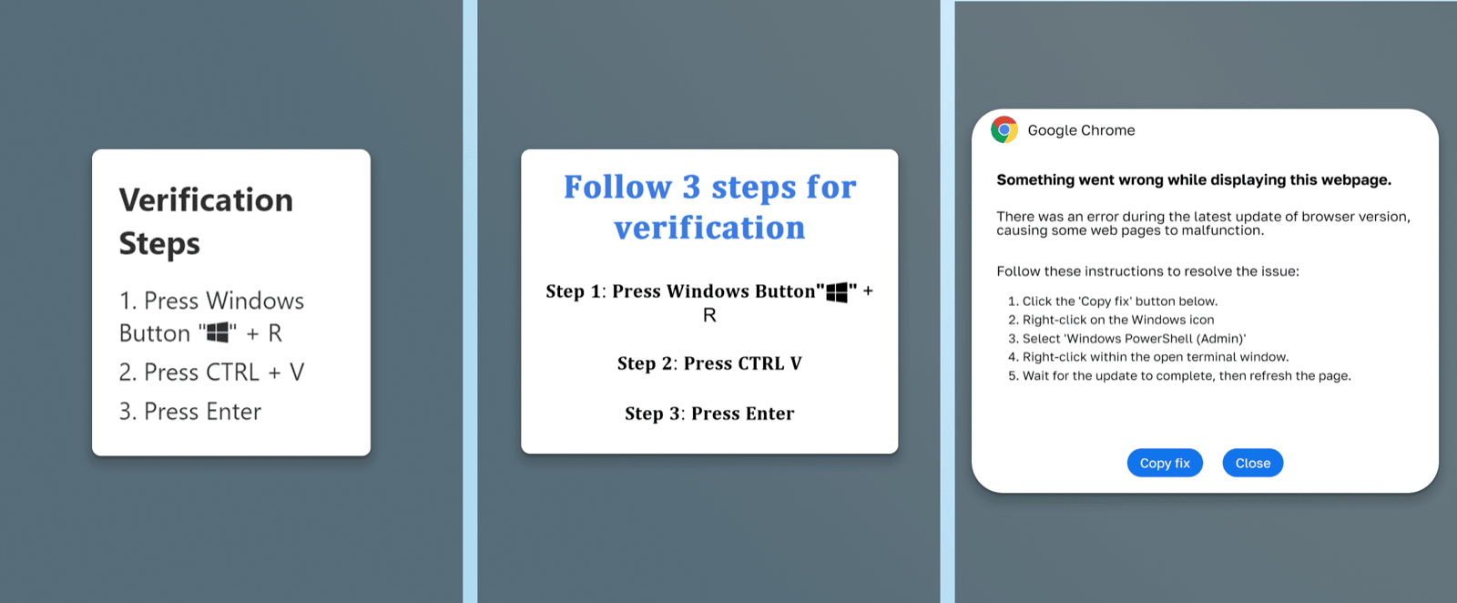 ClickFix lure page showing fake verification instructions that guide the user toward clipboard-assisted command execution