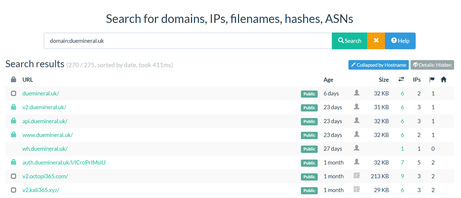 urlscan.io search results screenshot for duemineral.uk