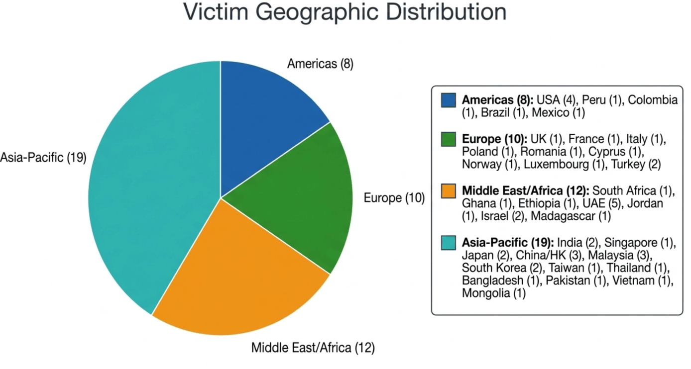 Victim Geographic Distribution — 66 confirmed victims across 4 regions