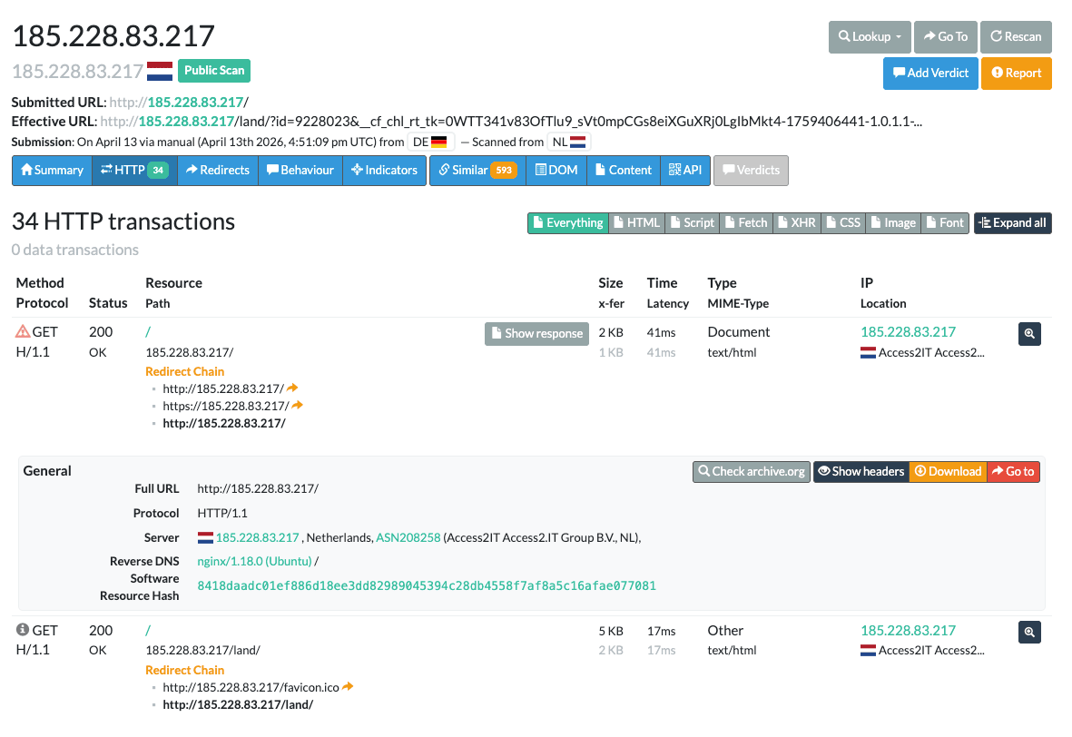 URLScan file inventory for the 185.228.83[.]217/land/ ClickFix lure