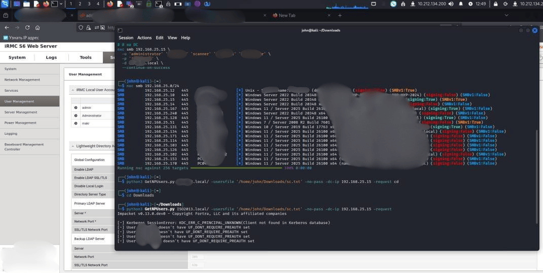 Isotopix intrusion — Kali terminal with SMB enumeration against ISOTOPIX.local, iRMC S6 admin panel visible
