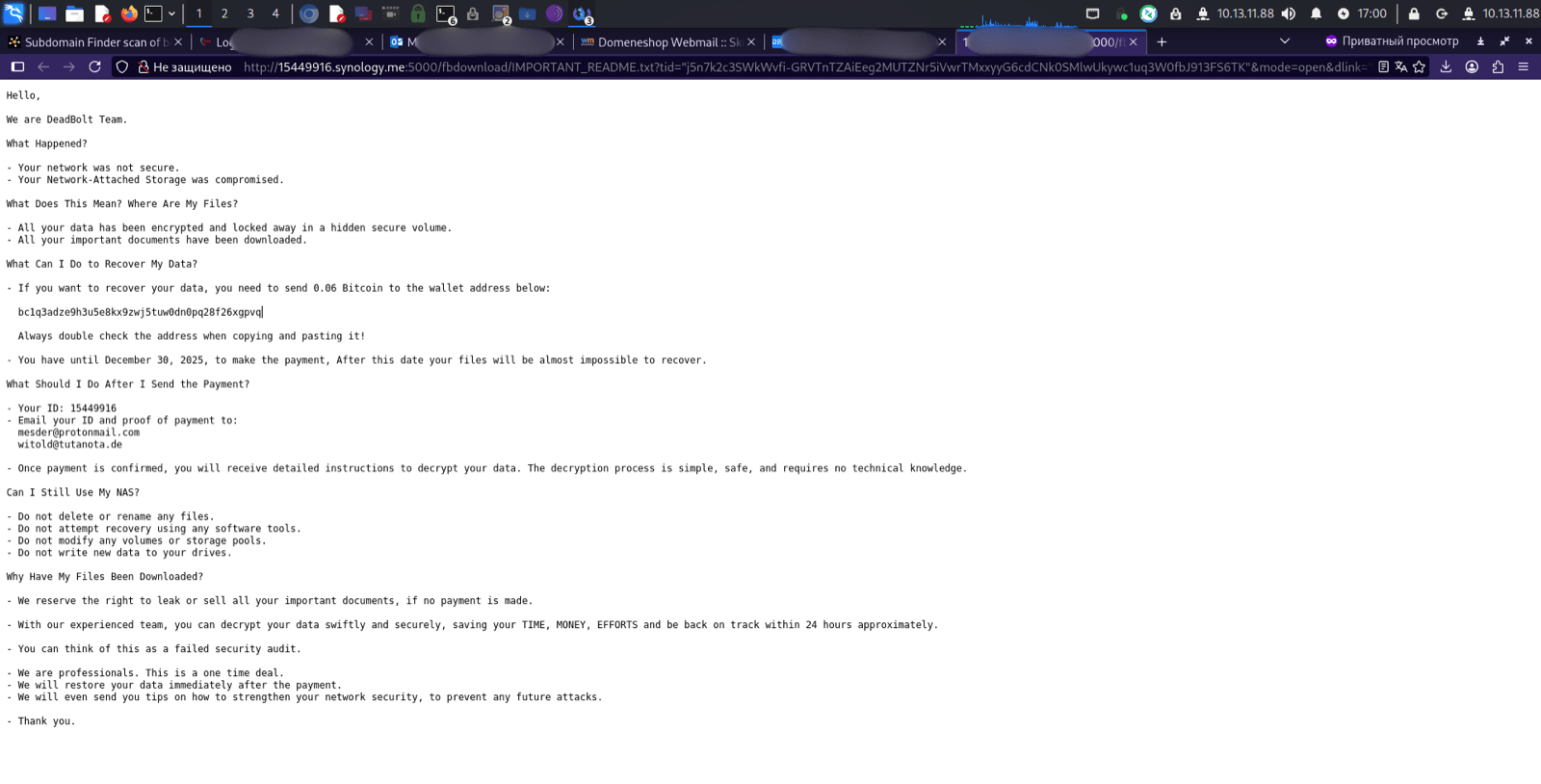 DeadBolt Team ransom note on a browsed NAS