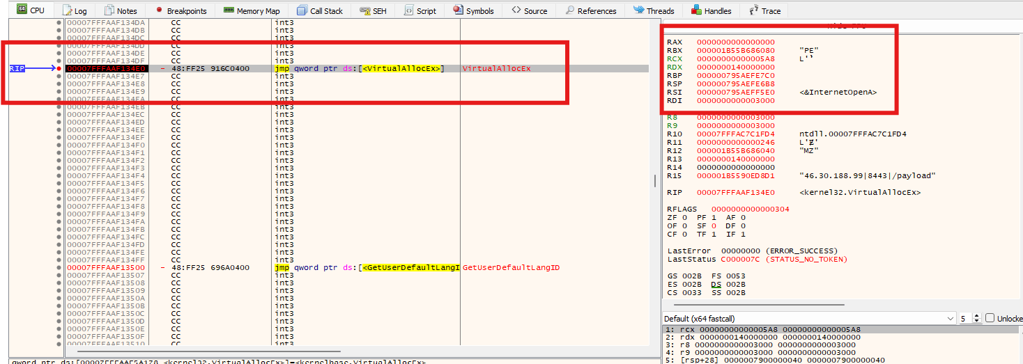 x64dbg breakpoint at kernel32!VirtualAllocEx showing remote allocation at the PE preferred image base