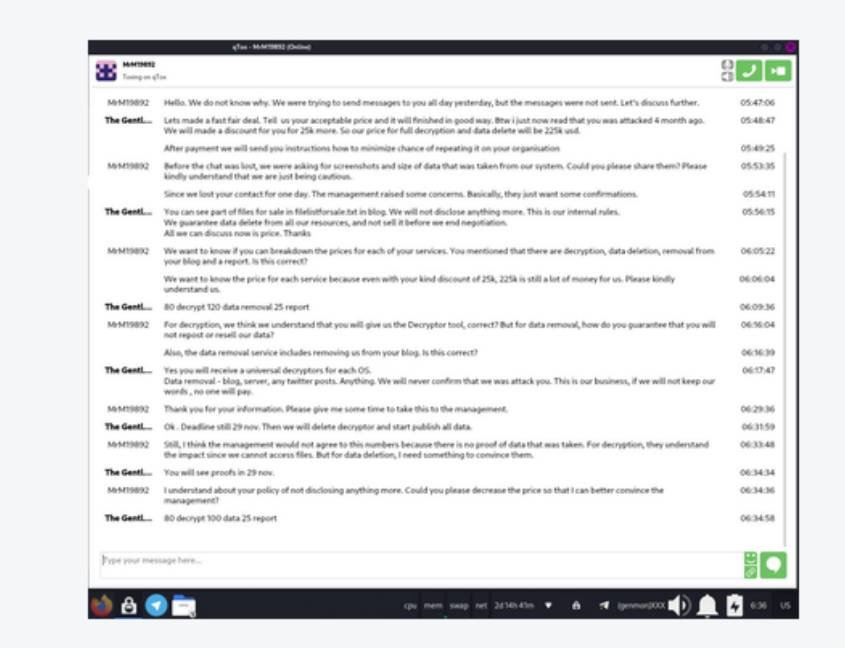 Victim negotiation via qTox — pricing breakdown from $225K to $100K floor