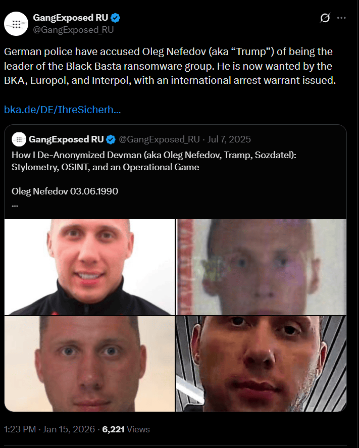 Oleg Nefedov identification — operator screenshot showing the Nefedov/Black Basta arrest tweets shared by zeta88