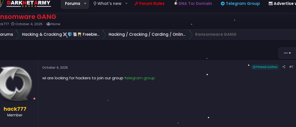 Ransomware group Telegram channel post